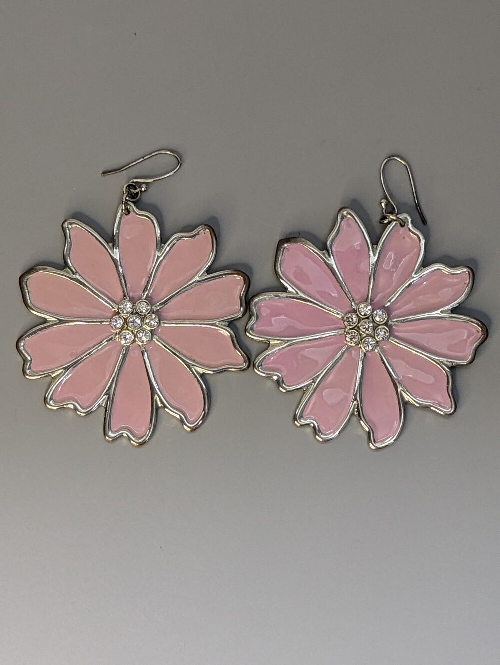 Large Pink Enamel Rhinestone Flower Statement Earrings Bold Retro Y2K Style